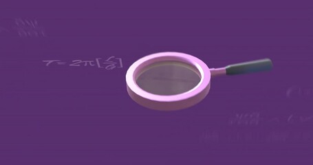 Magnifying glass, mathematical equations and dna strand diagrams over purple background - Powered by Adobe