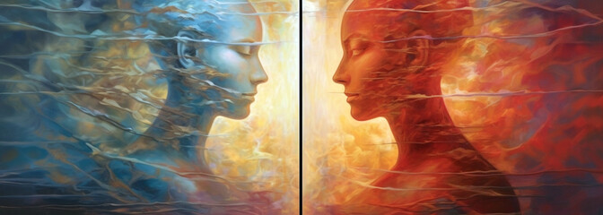two profiles of women focused on their thoughts, the concept of the subconscious. illustration in abstract impressionist style. Generative Ai.  - obrazy, fototapety, plakaty