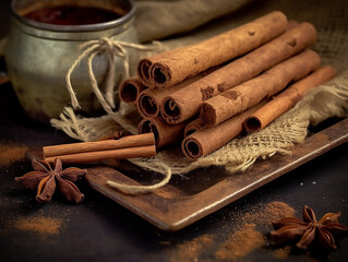Obraz na płótnie Canvas Cinnamon sticks. Photo realistic. Food photography style 