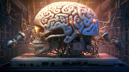 brain with skull and crossbones. futuristic image of the human brain. Generative Ai. 