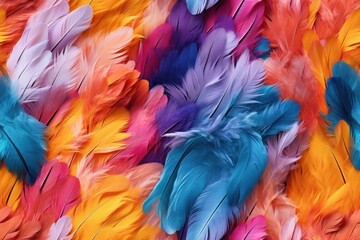 Beautiful seamless pattern with vivid multicolored bird feathers, endless texture. Fabric template. Organic background. Generated with AI.
