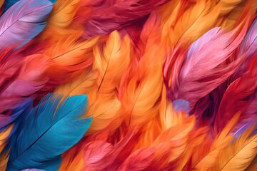 Beautiful seamless pattern with vivid multicolored bird feathers, endless texture. Fabric template. Organic background. Generated with AI.