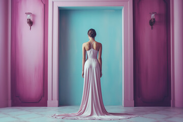 Woman in a beautiful dress infront of teal and pink room interior. Fashion, interior, vivid colors, design. Ai generative. Illustraton.