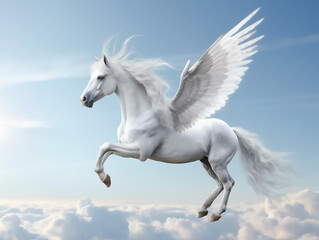 Obraz na płótnie Canvas Flying right - winged unicorn, pure white wings with a little gray tail.