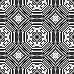 Traditional tribal ethnic greek style seamless pattern. Vector ornamental black and white background. Repeat backdrop. Geometric ornaments. Greek key meanders. Modern abstract design. Endless texture