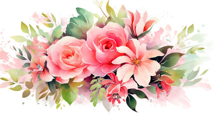 Watercolor floral illustration. bouquet of roses. template for fashion wedding invitation greeting card and wallpaper. Generative Ai. 