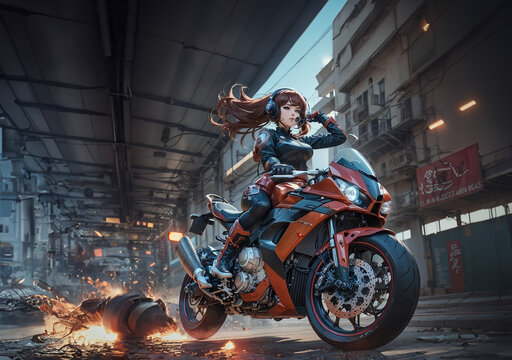 A girl riding on her superbike dashing through danger