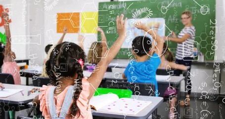Animation of dna strand diagrams and mathematical equations over diverse teacher and schoolchildren - Powered by Adobe