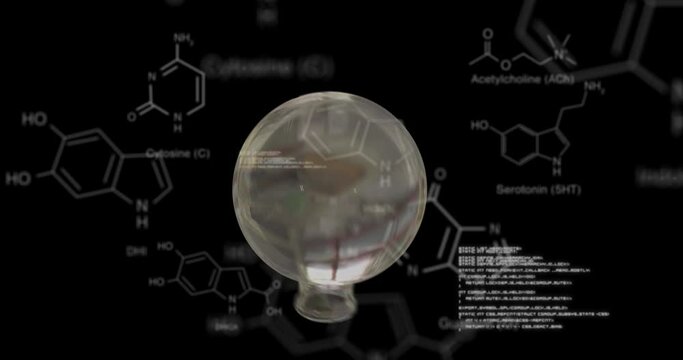 Animation of turning test flask, dna strand diagrams and data processing over black background
