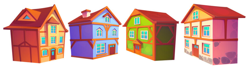 Old medieval germany town building vector set. European german city street house cartoon clipart collection. Bavaria landmark isometric exterior cityscape. Isolated timber victorian mansion png