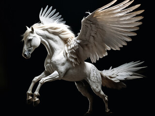Flying right - winged unicorn, pure white wings with a little gray tail