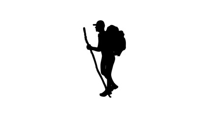 Fototapeta na wymiar Hiker silhouette, hiking with a backpack and a stick in his hand