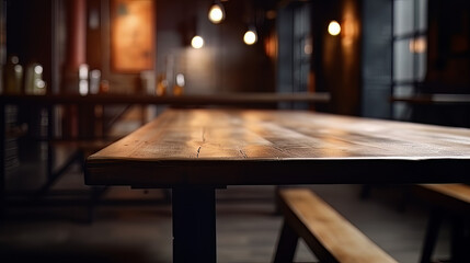 Fototapeta na wymiar Empty wooden table space platform and blurry defocused restaurant interior