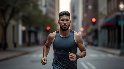 An athletic man is doing a cardio workout in the city.Created with Generative AI technology.