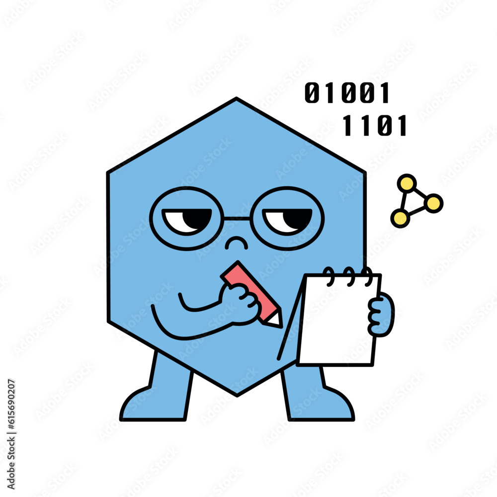 Poster cute shape characters. the hexagonal figure is wearing glasses and recording with a serious expressi
