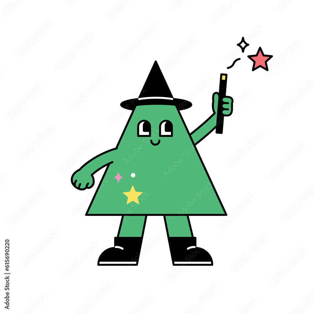 Poster cute shape characters. a triangle wearing a wizard hat and casting spells.