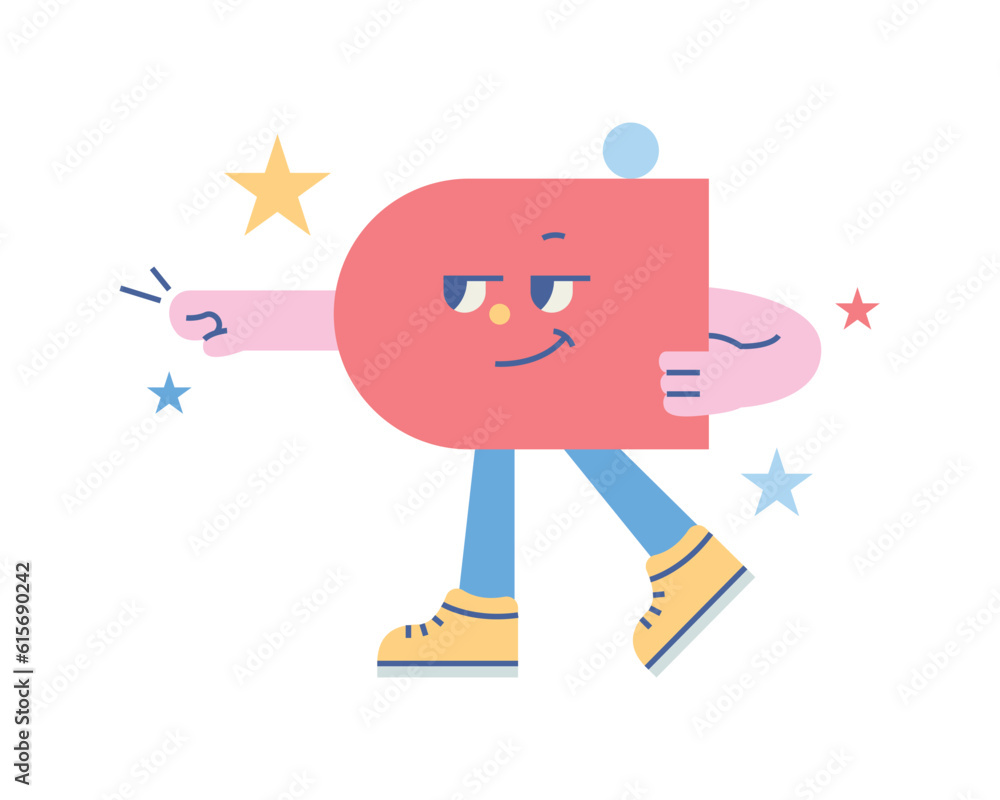 Poster cute shape characters. a figure with one side curved and the other straight is holding a fist forwar