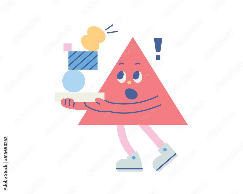 Poster cute shape characters. a triangle is dangerously stacking and carrying various shapes.
