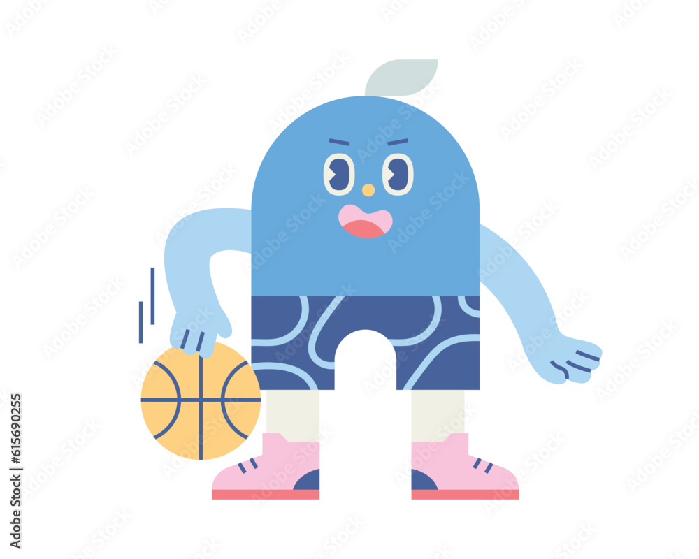 Poster cute shape characters. a figure in the form of a bridge is playing basketball.