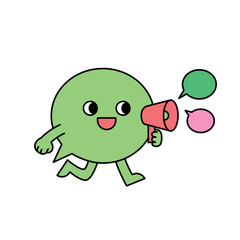 A cute speech bubble is running around with a megaphone.