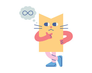 Cute shape characters. A cat-shaped figure is contemplating with one hand on his waist and the other hand on his chin.