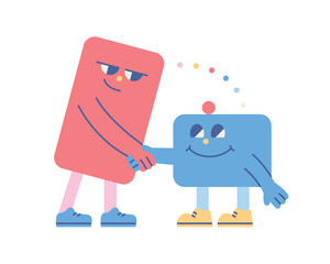 Cute shape characters. The long square and the small square are shaking hands.