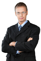 Professional looking man with his arms crossed wearing a suit