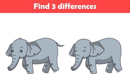 Education game for children find three differences between two elephant animal cartoon. Vector illustration