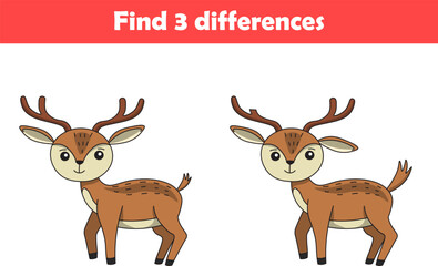 Education game for children find three differences between two deer animal cartoon. Vector illustration