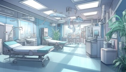Plakat The hospital's operating room was improved with technology and design. (Illustration, Generative AI)
