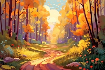 Obraz na płótnie Canvas A sunny forest path with a dirt road and shining rays. (Illustration, Generative AI)