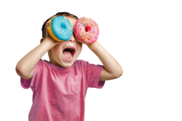 Happy cute boy is having fun played with donuts on png background. Bright photo of a child.