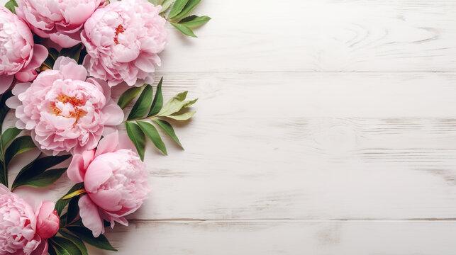 bouquet of pink peonies on a wooden white table. Generative Ai. 