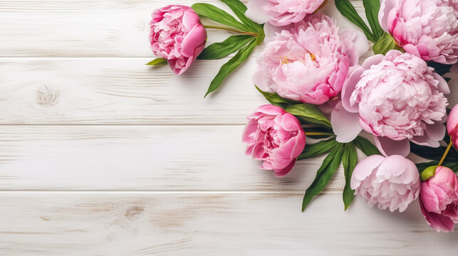 bouquet of pink peonies on a wooden white table. Generative Ai. 