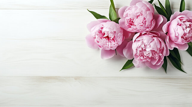 pink peonies on white wooden table. Generative Ai. 