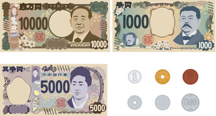 日本円の通貨　新紙幣と硬貨のセット