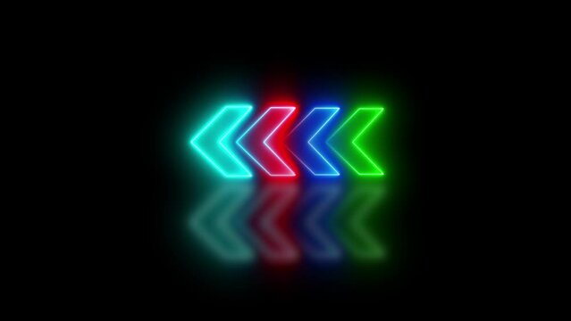 Black background with colorful arrows sign in 4k video. Concept of colorful neon arrows.