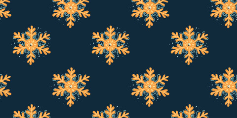 Seamless pattern with colored snowflakes on a blue background, vector illustration