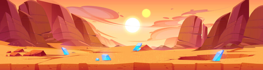 Space Mars planet desert landscape with crystal. Vector alien martian fantasy universe with crater and dust. Extraterrestrial cosmic canyon with orange sand powder videogame cartoon illustration © klyaksun