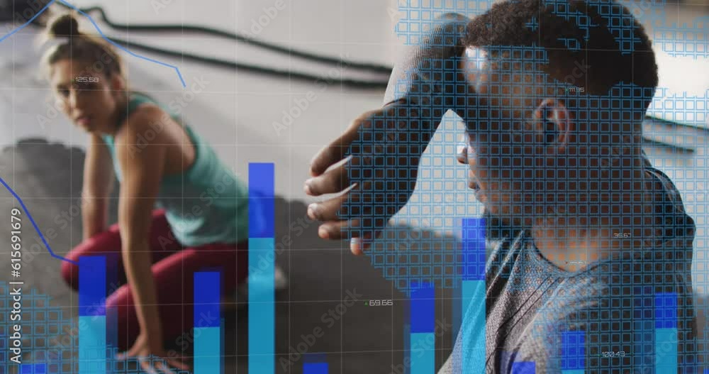 Poster animation of data processing over diverse man and woman resting during exercises in gym