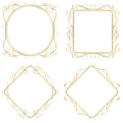 金属の質感のゴールドのバロック調のオーナメントイラストセット・オリエンタル柄飾り罫・飾り囲み｜金色