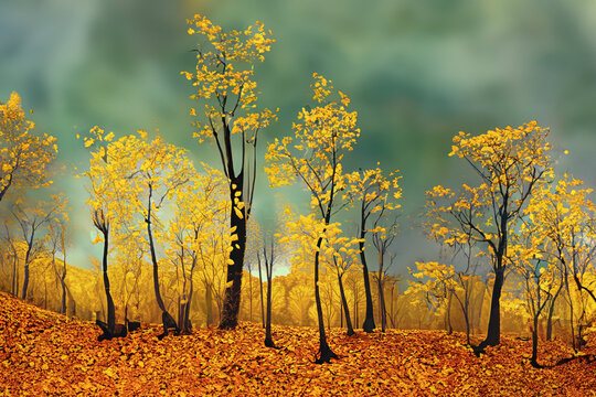 Yellow leaves fall from trees, close-up. Background lining for text