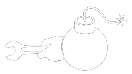One continuous line of bomb and wrench. Thin Line Illustration vector concept. Contour Drawing Creative ideas.