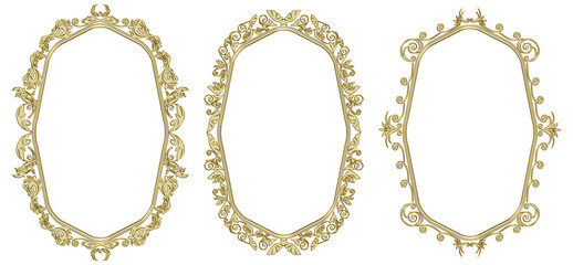 金属の質感のゴールドのバロック調のオーナメントイラストセット・オリエンタル柄飾り罫・飾り囲み｜金色