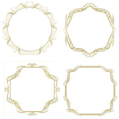 金属の質感のゴールドのバロック調のオーナメントイラストセット・オリエンタル柄飾り罫・飾り囲み｜金色