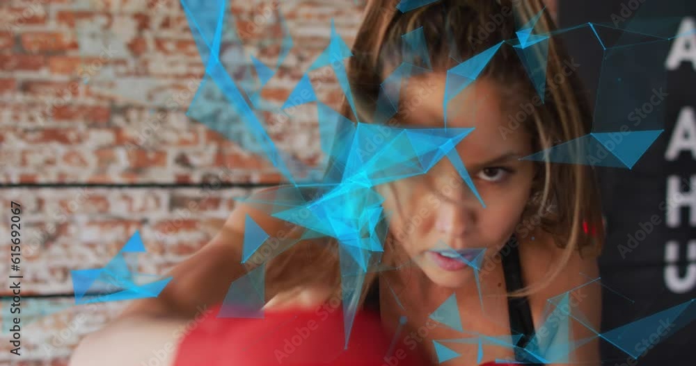 Poster animation of networks and data processing over caucasian woman exercising in boxing gym