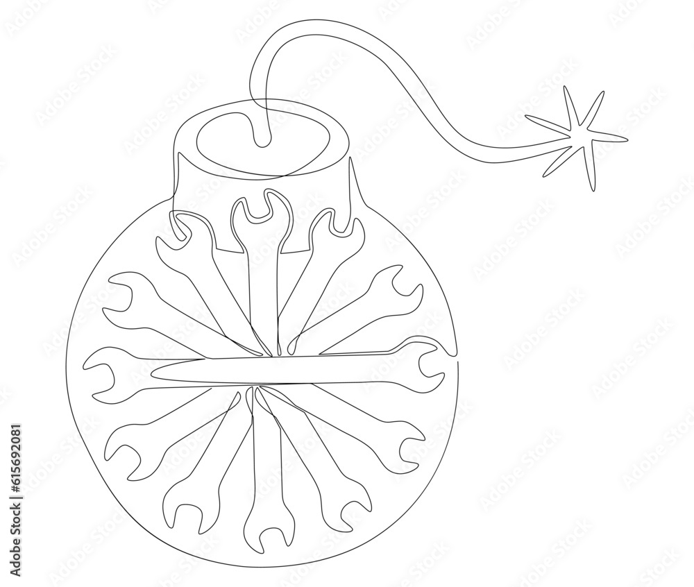 Poster one continuous line of bomb and wrench. thin line illustration vector concept. contour drawing creat