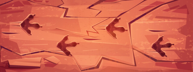 Prehistoric animal footprints on rocky surface. Vector cartoon illustration of fossil stone with dinosaur, tyrannosaurus, reptile monster, ancient bird, beast paw imprints. Archeology museum exhibit