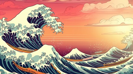 Great wave in ocean as Japanese style illustration wallpaper Generative AI