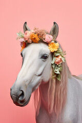 Portrait of horse with flowers on pastel background
